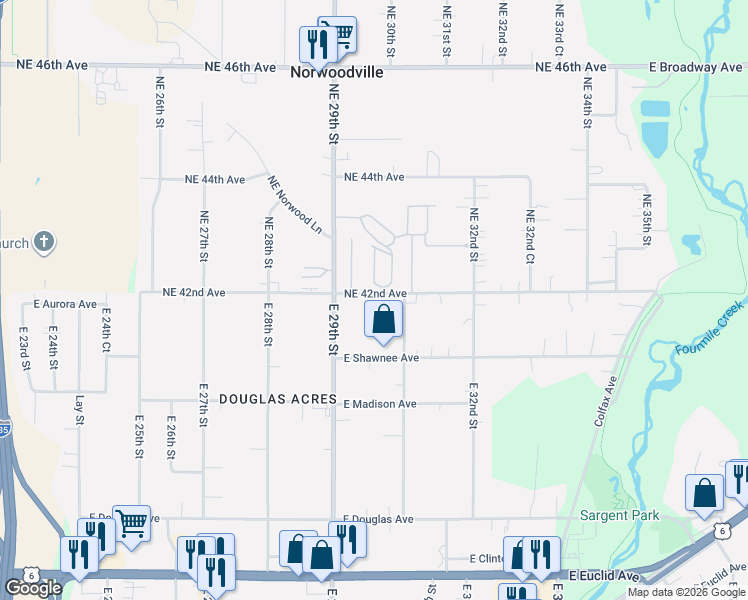 map of restaurants, bars, coffee shops, grocery stores, and more near 2929 East Aurora Avenue in Des Moines