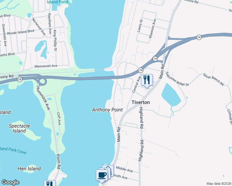 map of restaurants, bars, coffee shops, grocery stores, and more near 136 Riverside Drive in Tiverton