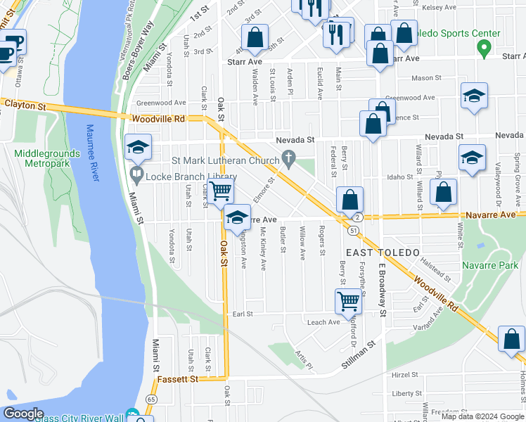 map of restaurants, bars, coffee shops, grocery stores, and more near 612 Milton Street in Toledo
