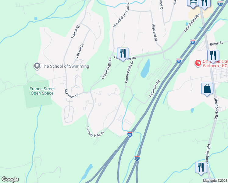 map of restaurants, bars, coffee shops, grocery stores, and more near 20 Danforth Lane in Rocky Hill