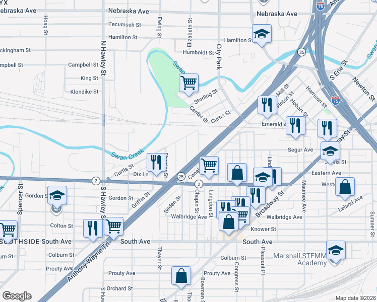 map of restaurants, bars, coffee shops, grocery stores, and more near 208 Charles Street in Toledo