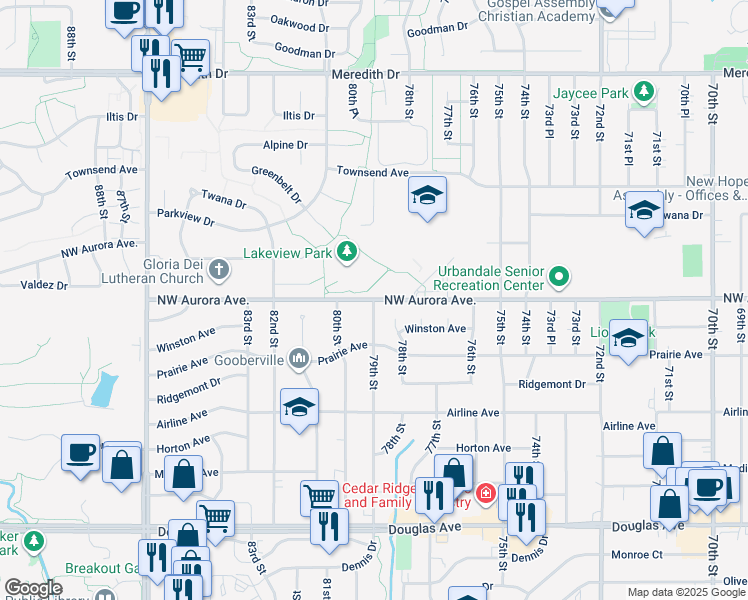 map of restaurants, bars, coffee shops, grocery stores, and more near 4505 79th Street in Urbandale