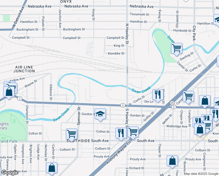 map of restaurants, bars, coffee shops, grocery stores, and more near 1250 Western Avenue in Toledo