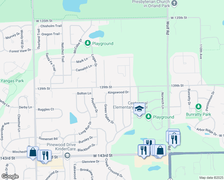 map of restaurants, bars, coffee shops, grocery stores, and more near 11520 Kingswood Drive in Orland Park