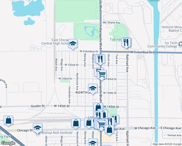 map of restaurants, bars, coffee shops, grocery stores, and more near 4213 Baring Avenue in East Chicago