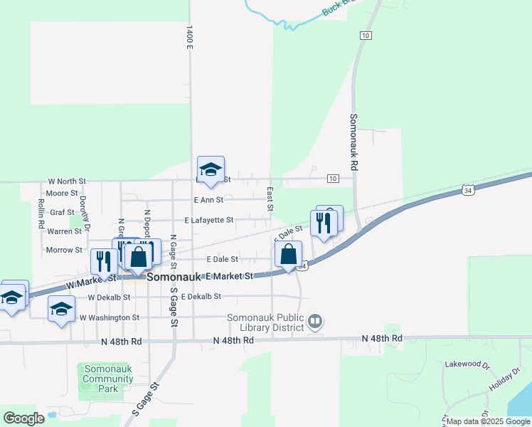 map of restaurants, bars, coffee shops, grocery stores, and more near 449 East Ann Street in Somonauk