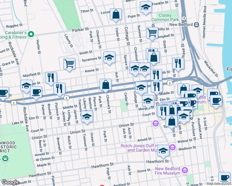 map of restaurants, bars, coffee shops, grocery stores, and more near 419 Kempton Street in New Bedford