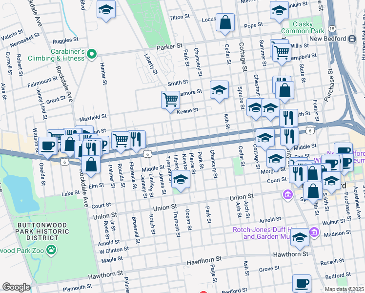 map of restaurants, bars, coffee shops, grocery stores, and more near 270 Mill Street in New Bedford