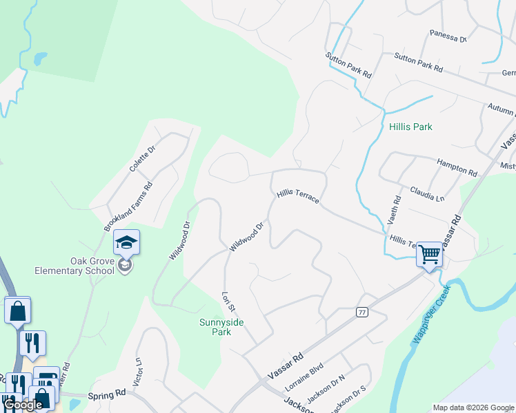 map of restaurants, bars, coffee shops, grocery stores, and more near 62 Hillis Terrace in Poughkeepsie