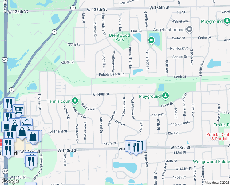 map of restaurants, bars, coffee shops, grocery stores, and more near 8932 West 140th Street in Orland Park