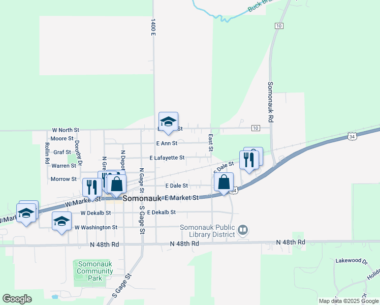map of restaurants, bars, coffee shops, grocery stores, and more near 415 East Ann Street in Somonauk