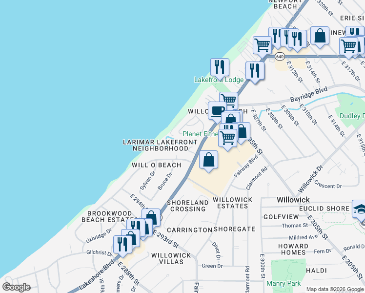 map of restaurants, bars, coffee shops, grocery stores, and more near 171 Seaborn in Willowick