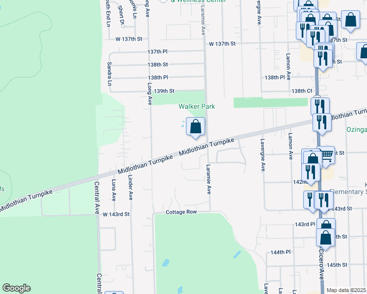 map of restaurants, bars, coffee shops, grocery stores, and more near 14031 Gail Lane in Crestwood