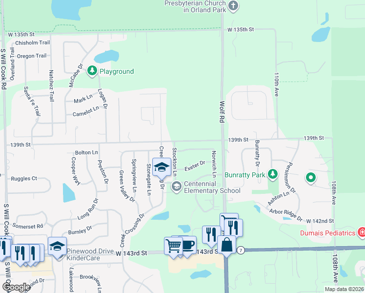 map of restaurants, bars, coffee shops, grocery stores, and more near 11310 Norwich Lane in Orland Park