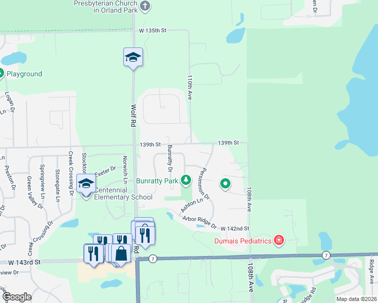 map of restaurants, bars, coffee shops, grocery stores, and more near 13921 Marilyn Terrace in Orland Park