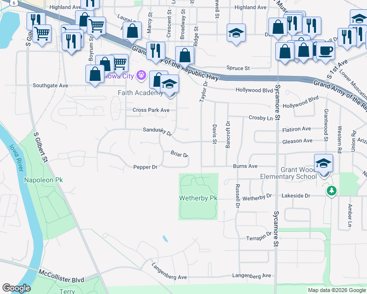 map of restaurants, bars, coffee shops, grocery stores, and more near 1120 Sandusky Drive in Iowa City