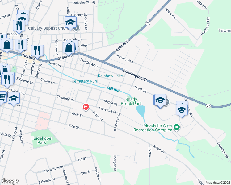 map of restaurants, bars, coffee shops, grocery stores, and more near 715 Walnut Street in Meadville