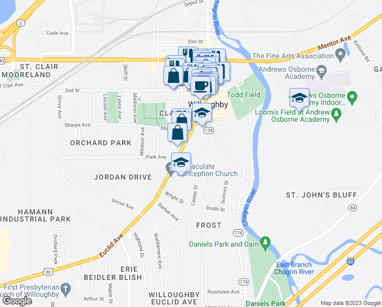 map of restaurants, bars, coffee shops, grocery stores, and more near 38016 Euclid Avenue in Willoughby