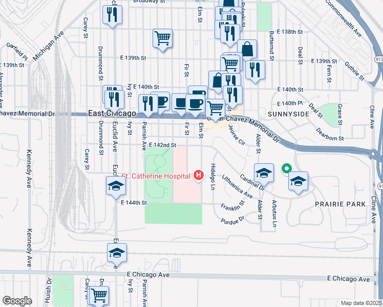 map of restaurants, bars, coffee shops, grocery stores, and more near 4200-4298 Fir St in East Chicago