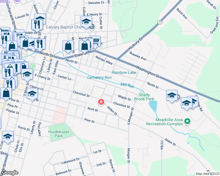 map of restaurants, bars, coffee shops, grocery stores, and more near 640 Walnut Street in Meadville