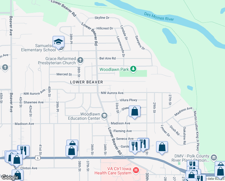 map of restaurants, bars, coffee shops, grocery stores, and more near 3307 Aurora Avenue in Des Moines