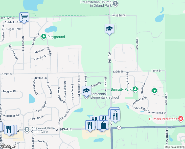 map of restaurants, bars, coffee shops, grocery stores, and more near 11310 Norwich Lane in Orland Park