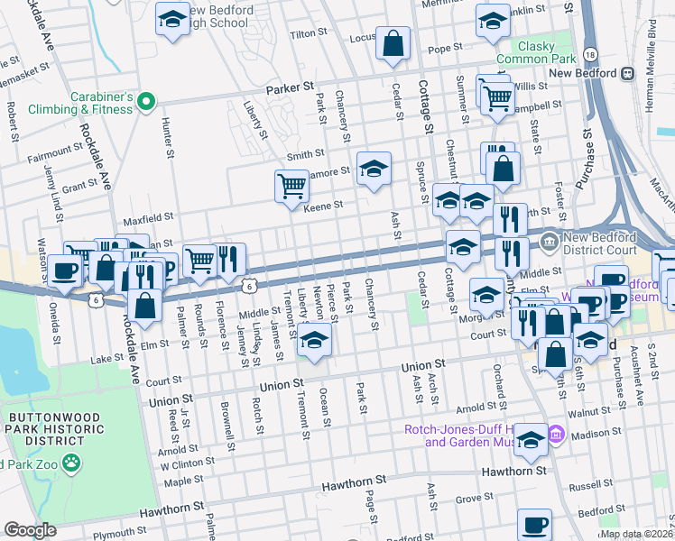 map of restaurants, bars, coffee shops, grocery stores, and more near 270 Mill Street in New Bedford