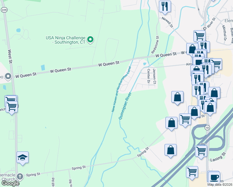 map of restaurants, bars, coffee shops, grocery stores, and more near 12 Cedar Springs Circle in Southington