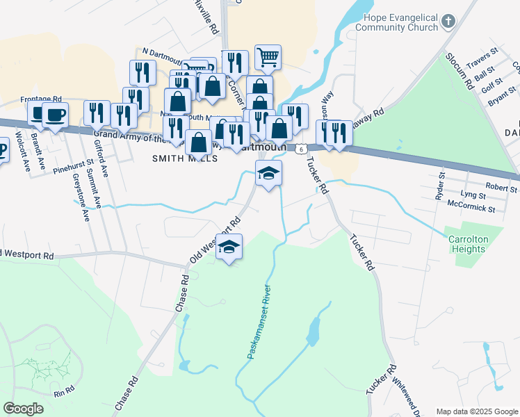map of restaurants, bars, coffee shops, grocery stores, and more near 41A Old Westport Road in Dartmouth
