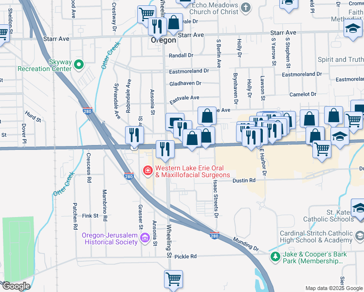 map of restaurants, bars, coffee shops, grocery stores, and more near 2637 Navarre Avenue in Oregon