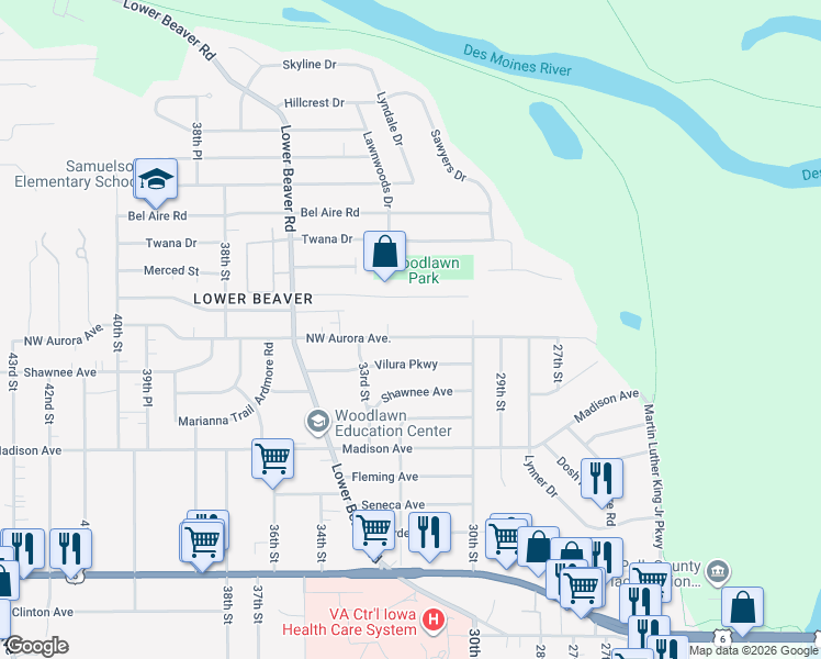 map of restaurants, bars, coffee shops, grocery stores, and more near 3125 Northwest Aurora Avenue in Des Moines