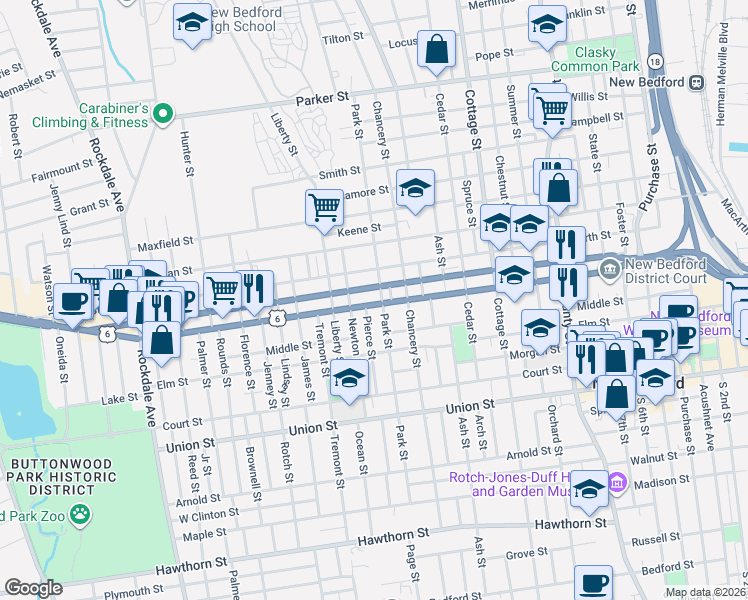 map of restaurants, bars, coffee shops, grocery stores, and more near 270 Mill Street in New Bedford