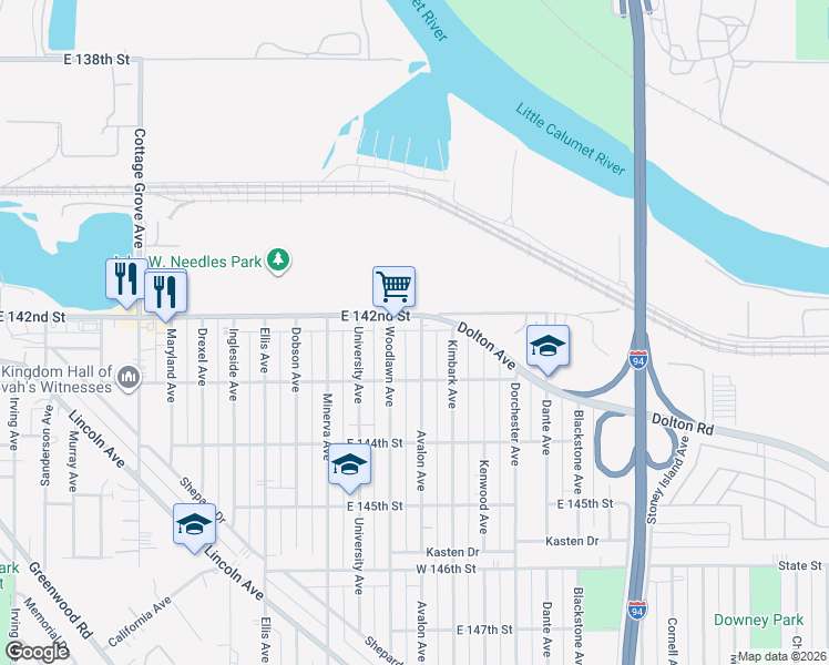 map of restaurants, bars, coffee shops, grocery stores, and more near 14210 Avalon Avenue in Dolton