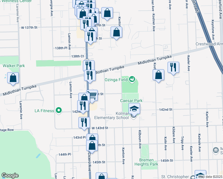 map of restaurants, bars, coffee shops, grocery stores, and more near 14049 Kilpatrick Avenue in Crestwood