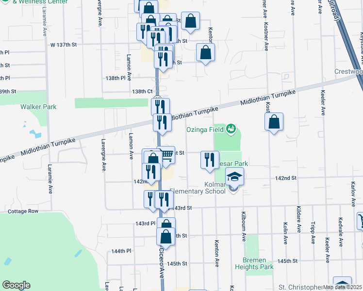 map of restaurants, bars, coffee shops, grocery stores, and more near 14049 Kilpatrick Avenue in Crestwood
