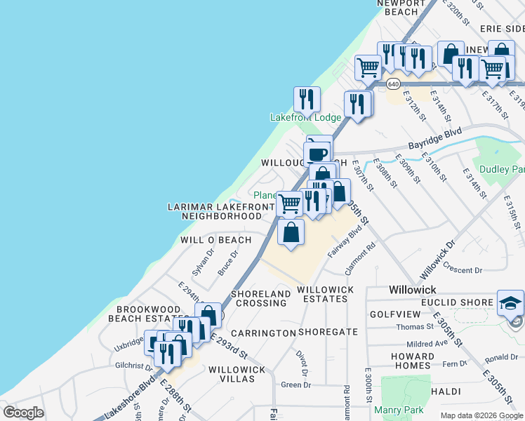 map of restaurants, bars, coffee shops, grocery stores, and more near 171 Seaborn in Willowick