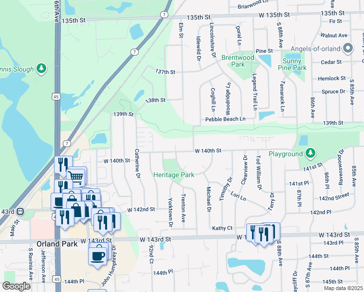 map of restaurants, bars, coffee shops, grocery stores, and more near 9114 West 140th Street in Orland Park