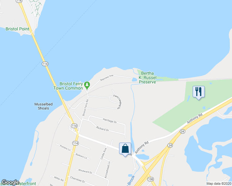 map of restaurants, bars, coffee shops, grocery stores, and more near 7 Pocasset Lane in Portsmouth