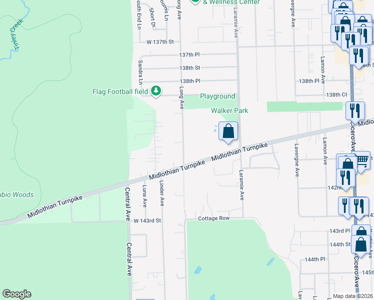 map of restaurants, bars, coffee shops, grocery stores, and more near 5349 Waterbury Way in Crestwood