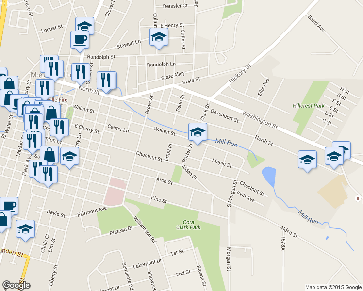 map of restaurants, bars, coffee shops, grocery stores, and more near 699 Center Saint Exd in Meadville