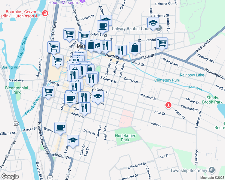 map of restaurants, bars, coffee shops, grocery stores, and more near 404 Chestnut Street in Meadville