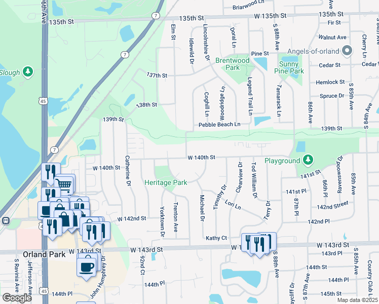 map of restaurants, bars, coffee shops, grocery stores, and more near 9048 West 140th Street in Orland Park