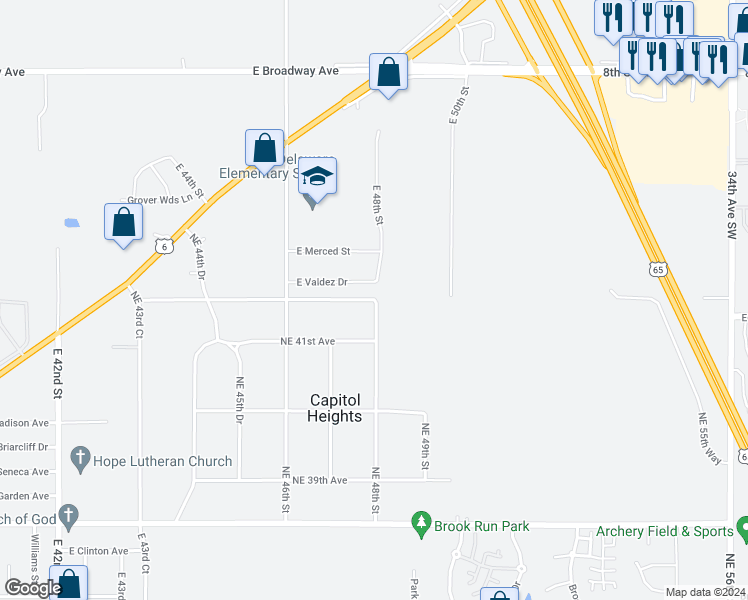 map of restaurants, bars, coffee shops, grocery stores, and more near 4237 Northeast 48th Street in Des Moines