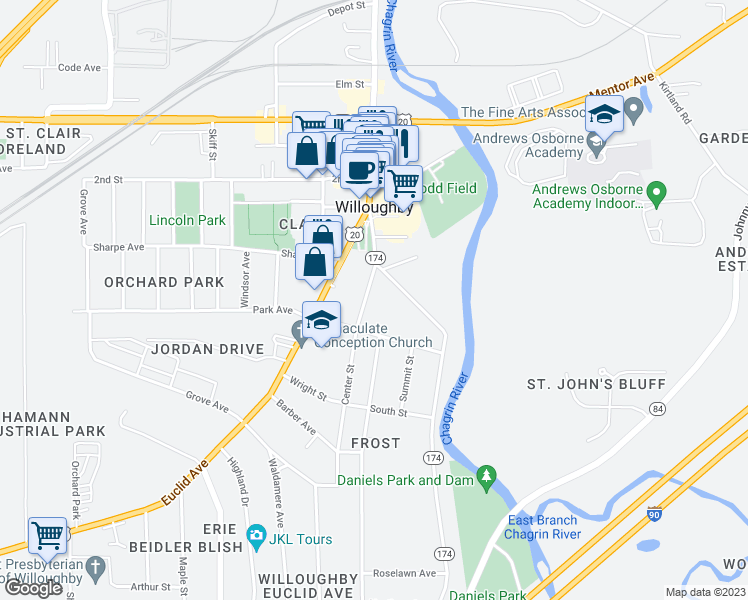 map of restaurants, bars, coffee shops, grocery stores, and more near 4317 Center Street in Willoughby