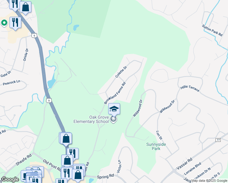 map of restaurants, bars, coffee shops, grocery stores, and more near 25 Brookland Farms Road in Poughkeepsie