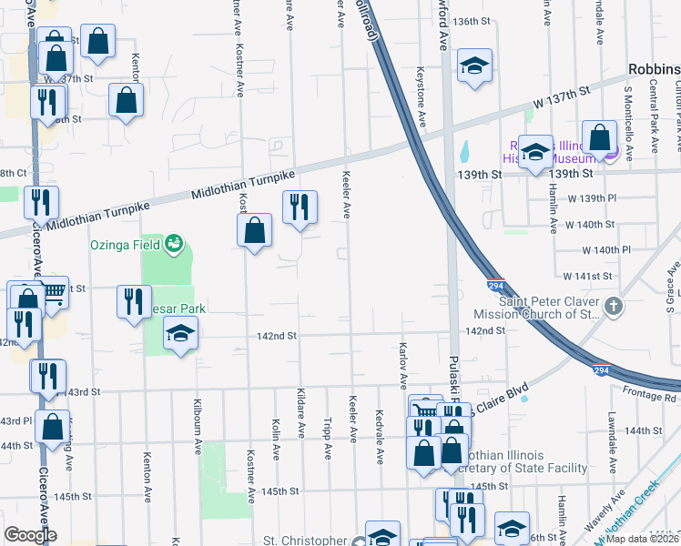 map of restaurants, bars, coffee shops, grocery stores, and more near 14102 Keeler Avenue in Crestwood