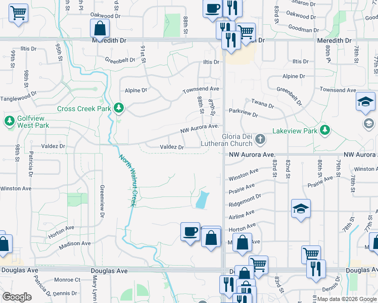 map of restaurants, bars, coffee shops, grocery stores, and more near 8910 Valdez Drive in Urbandale