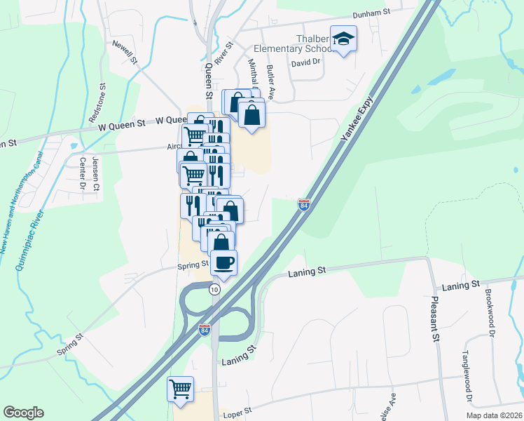 map of restaurants, bars, coffee shops, grocery stores, and more near 5 Stoughton Road in Southington