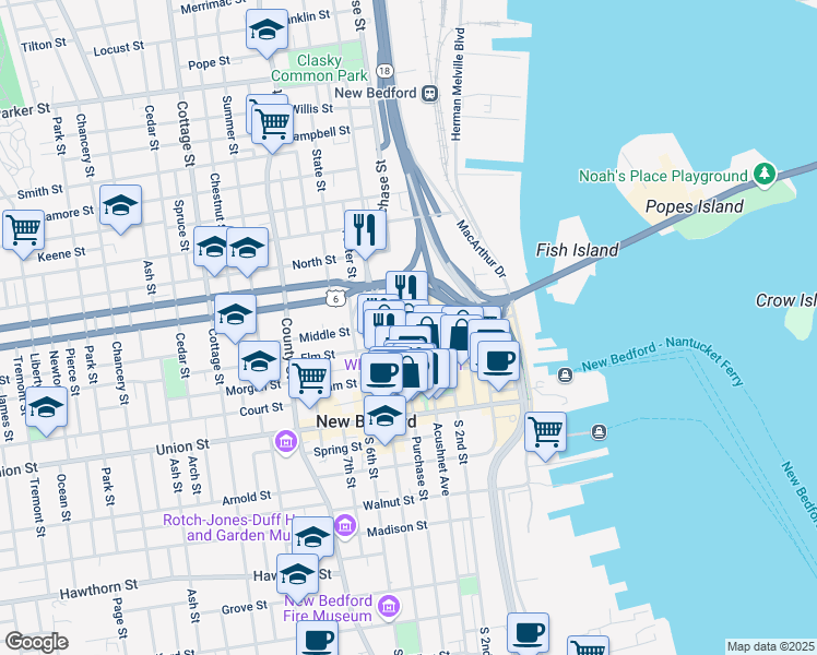 map of restaurants, bars, coffee shops, grocery stores, and more near 908 Purchase Street in New Bedford