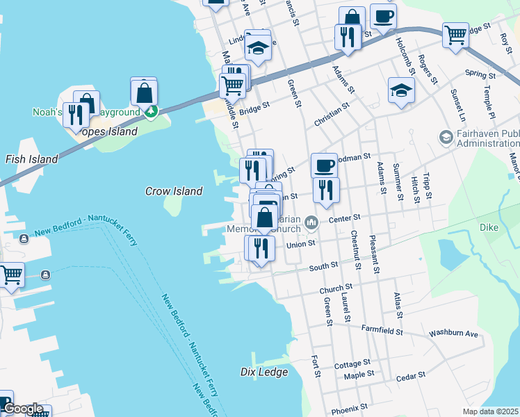 map of restaurants, bars, coffee shops, grocery stores, and more near 63 Main Street in Fairhaven